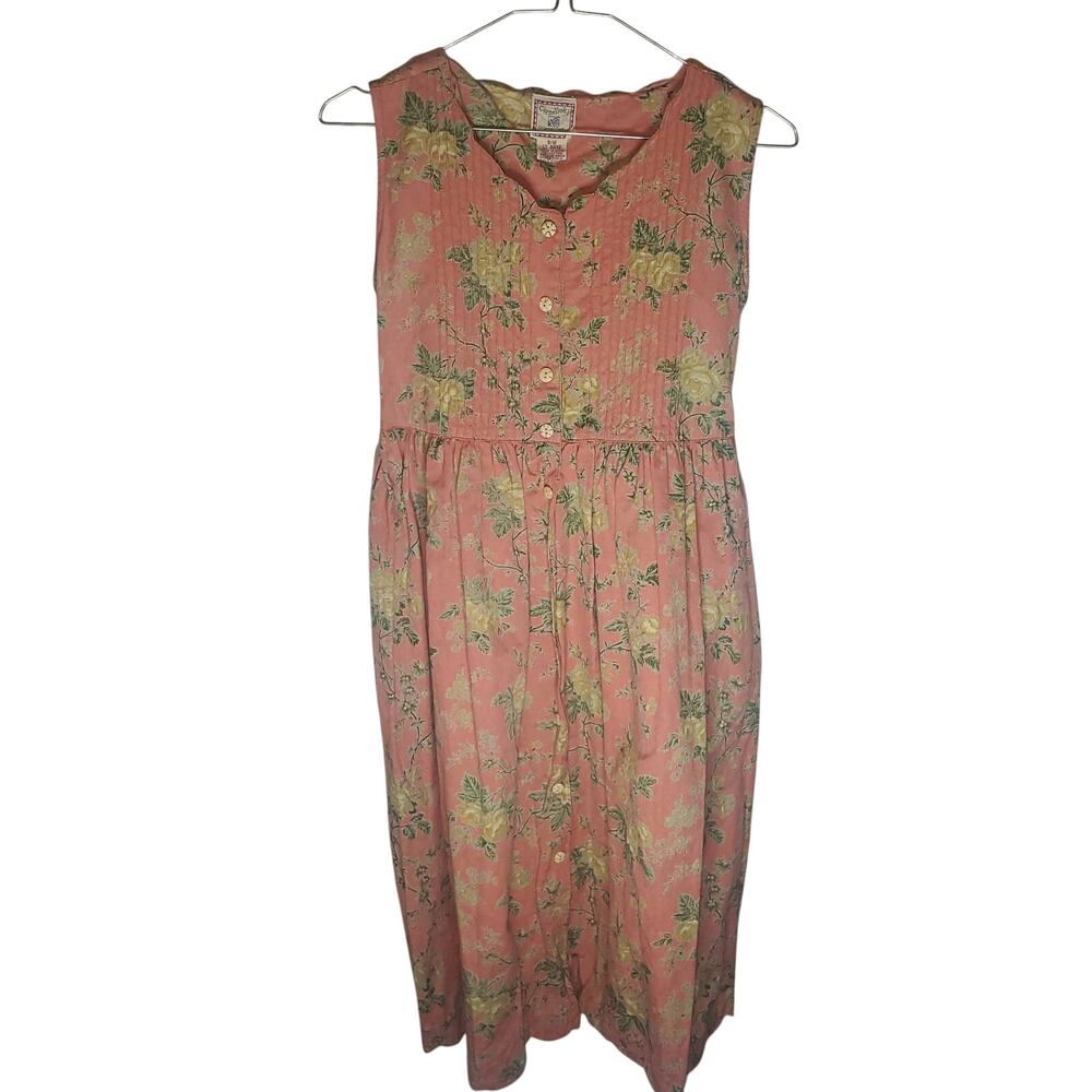 Vintage Cornelloki Girls 9/10 Floral Cotton Dress Tie Back Scalloped Hem
